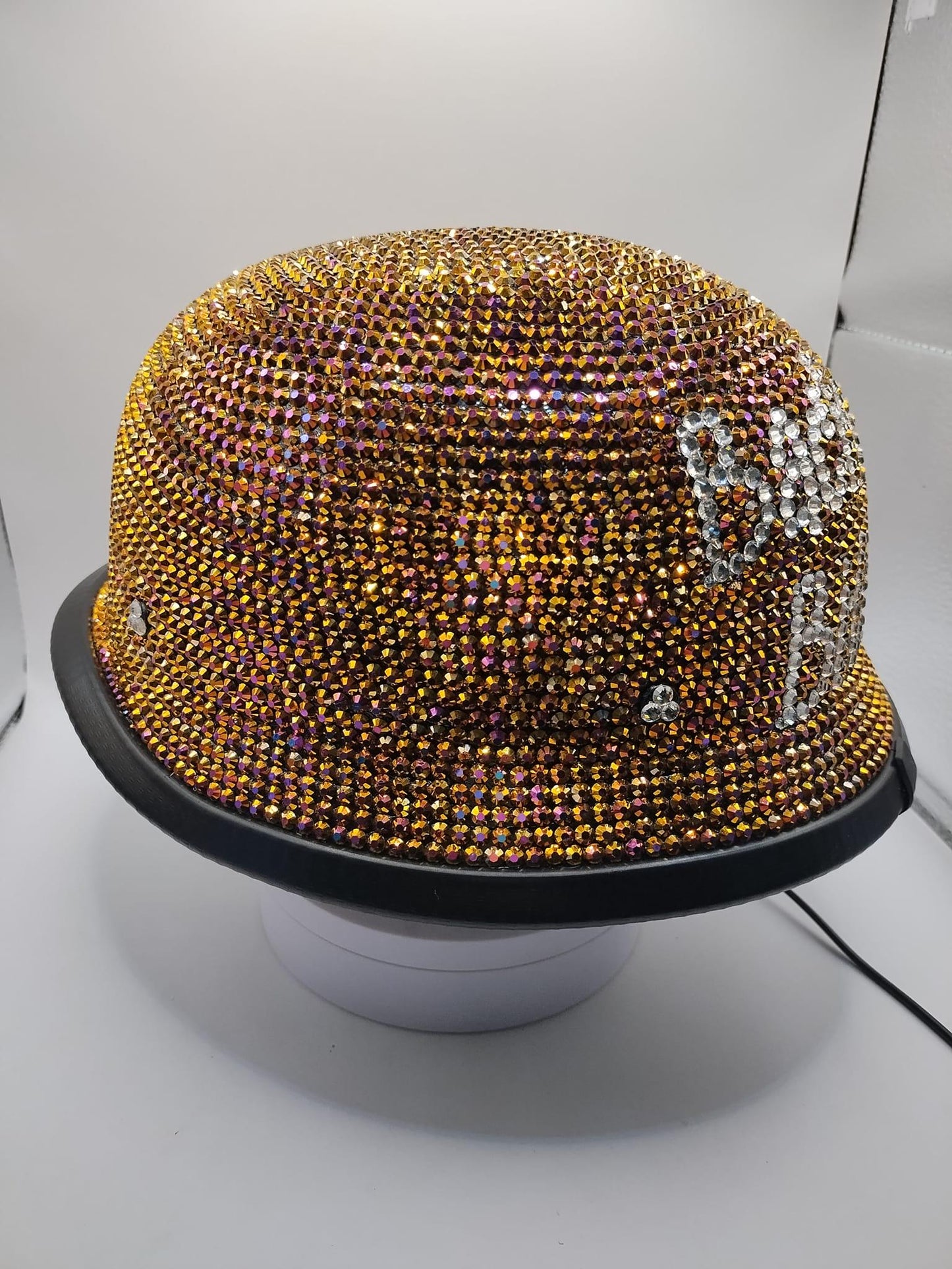 Custom Bling German Style Motorcycle Novelty Helmet in Rose Gold AB Rhinestones S M L XL Back Off B*tch Queen