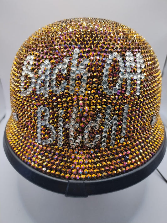 Custom Bling German Style Motorcycle Novelty Helmet in Rose Gold AB Rhinestones S M L XL Back Off B*tch Queen