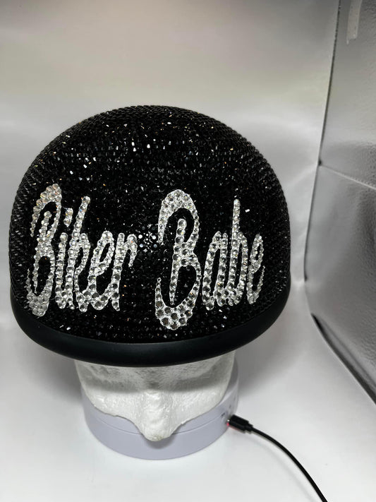 Custom Bling Black Rhinestones DOT Approved Motorcycle Half Helmet with Clear Crystal Personalized Designs S,M,L,XL Biker Babe Girl Skull