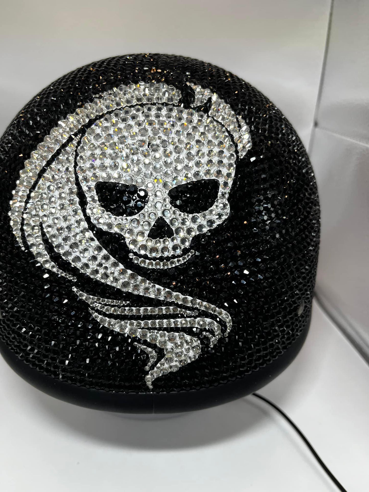 Custom Bling Black Rhinestones DOT Approved Motorcycle Half Helmet with Clear Crystal Personalized Designs S,M,L,XL Biker Babe Girl Skull